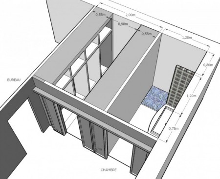 PROJET : dressing en profondeur avec rangement de part et d'autre de la circulation. Salle d'eau en longueur avec douche à l'italienne au fond et vasque. Portes coulissantes, côté chambre